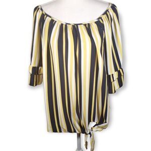 UNIQUE SPECTRUM YELLOW, WHITE, & NAVY OFF-THE-SHOULDER BLOUSE SZ.3X EUC